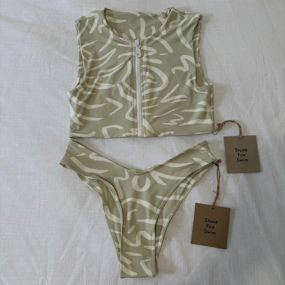 NWT Stone Fox Swim Aloe Lines Bikini Top and Bottom Set